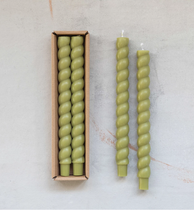 Green 10" Unscented Twisted Taper Candles S/2