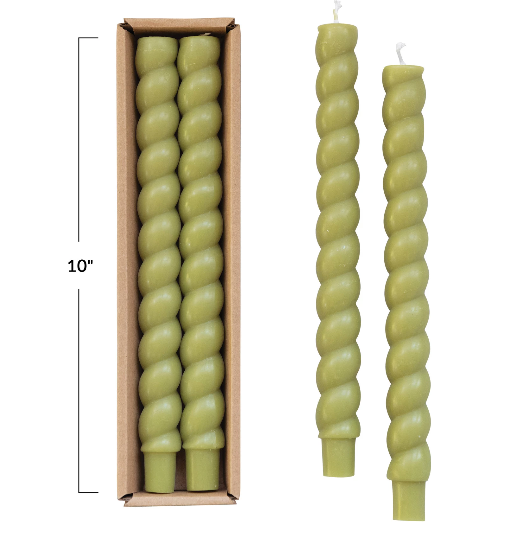 Green 10" Unscented Twisted Taper Candles S/2