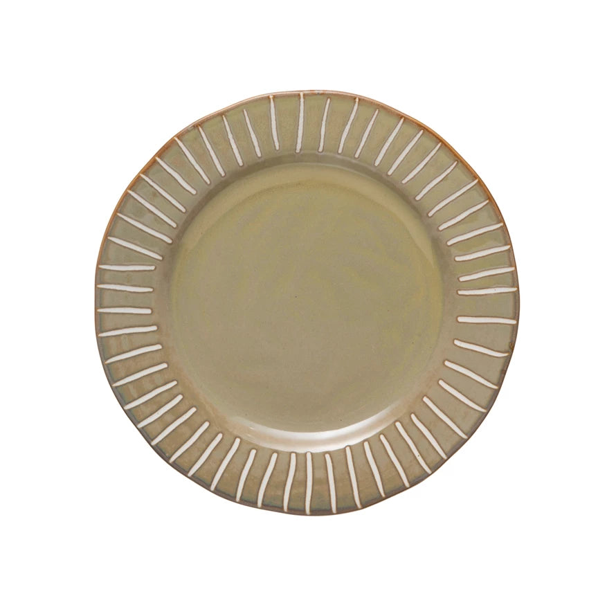 Sage & White Stoneware Plate w/ Debossed Lines*