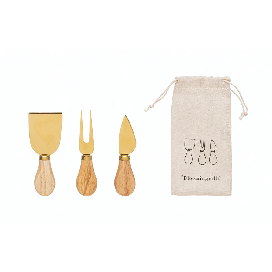 Gold Cheese Utensils w/Oak Handles