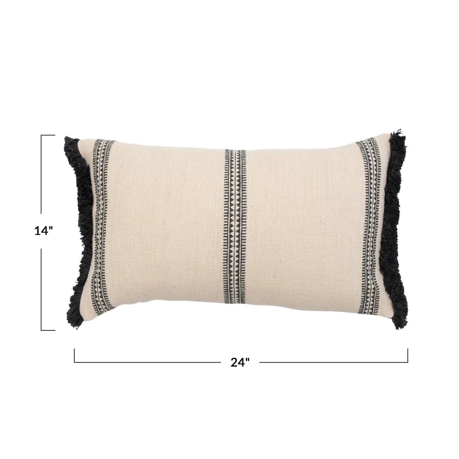 Charcoal & Cream Lumbar Pillow w/ Embroidered Stripes & Fringe