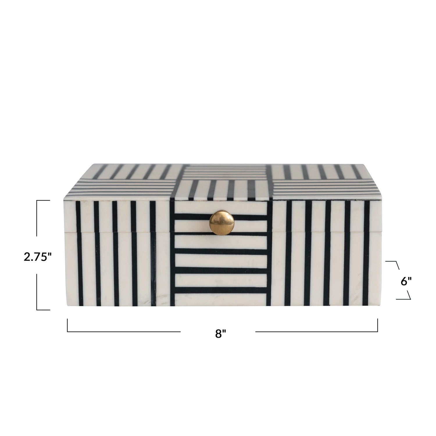 Black & White Resin Box w/ Striped Block Pattern & Gold Knob