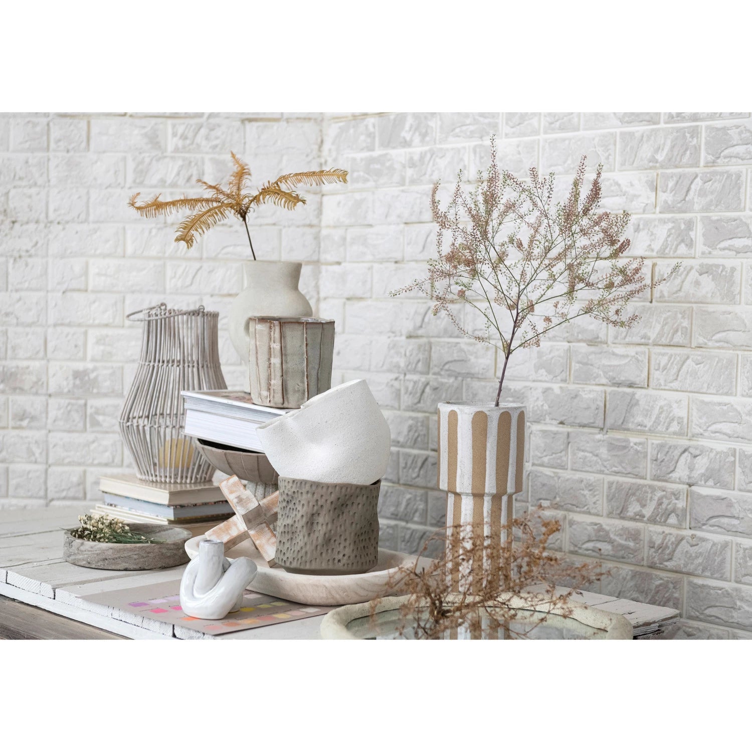 Cream & Brown Stoneware Vase w/ Wax Relief Stripes