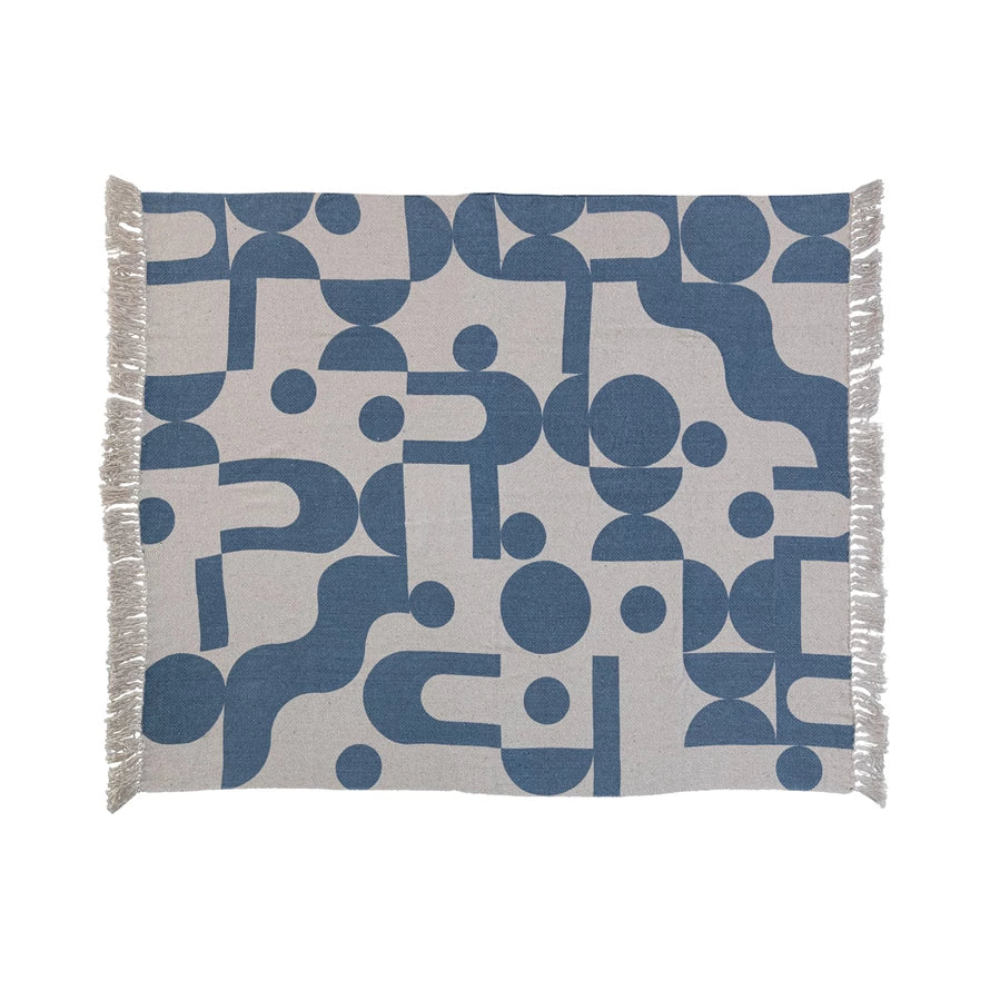 Blue & Beige Abstract Design Throw w/ Fringe