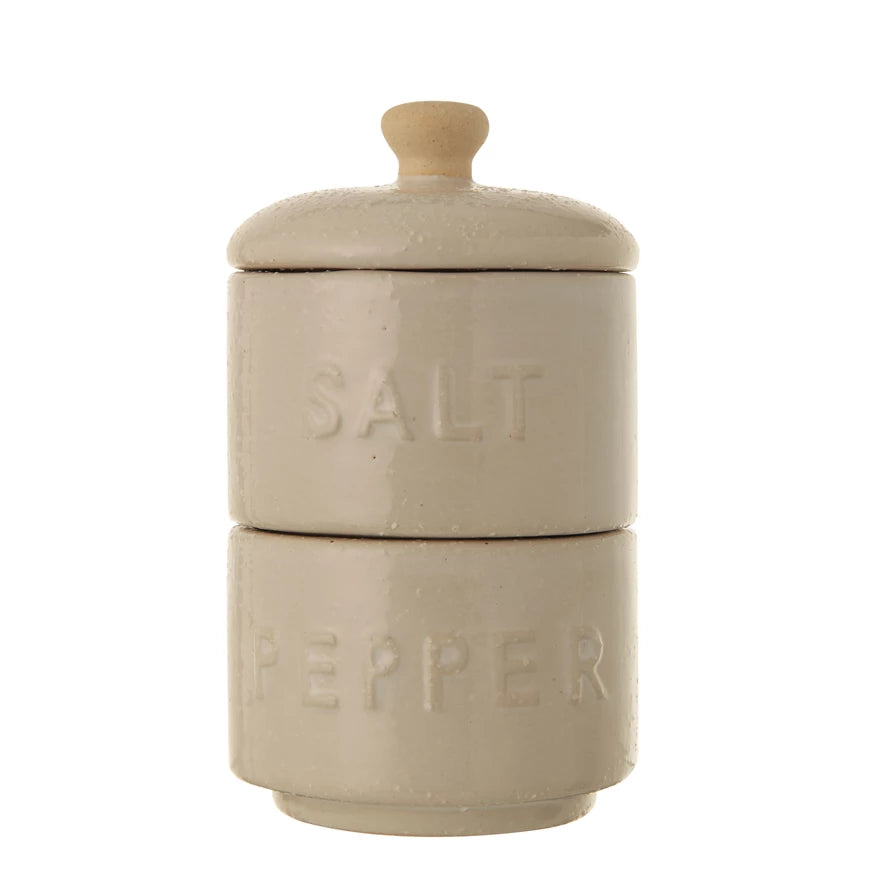 White Stackable Salt & Pepper Pots w/ Lid S/2