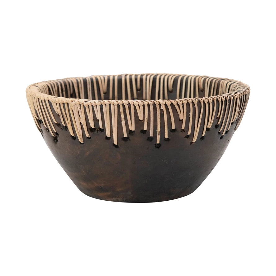 Decorative Terra-cotta Bowl with Rattan Stitching