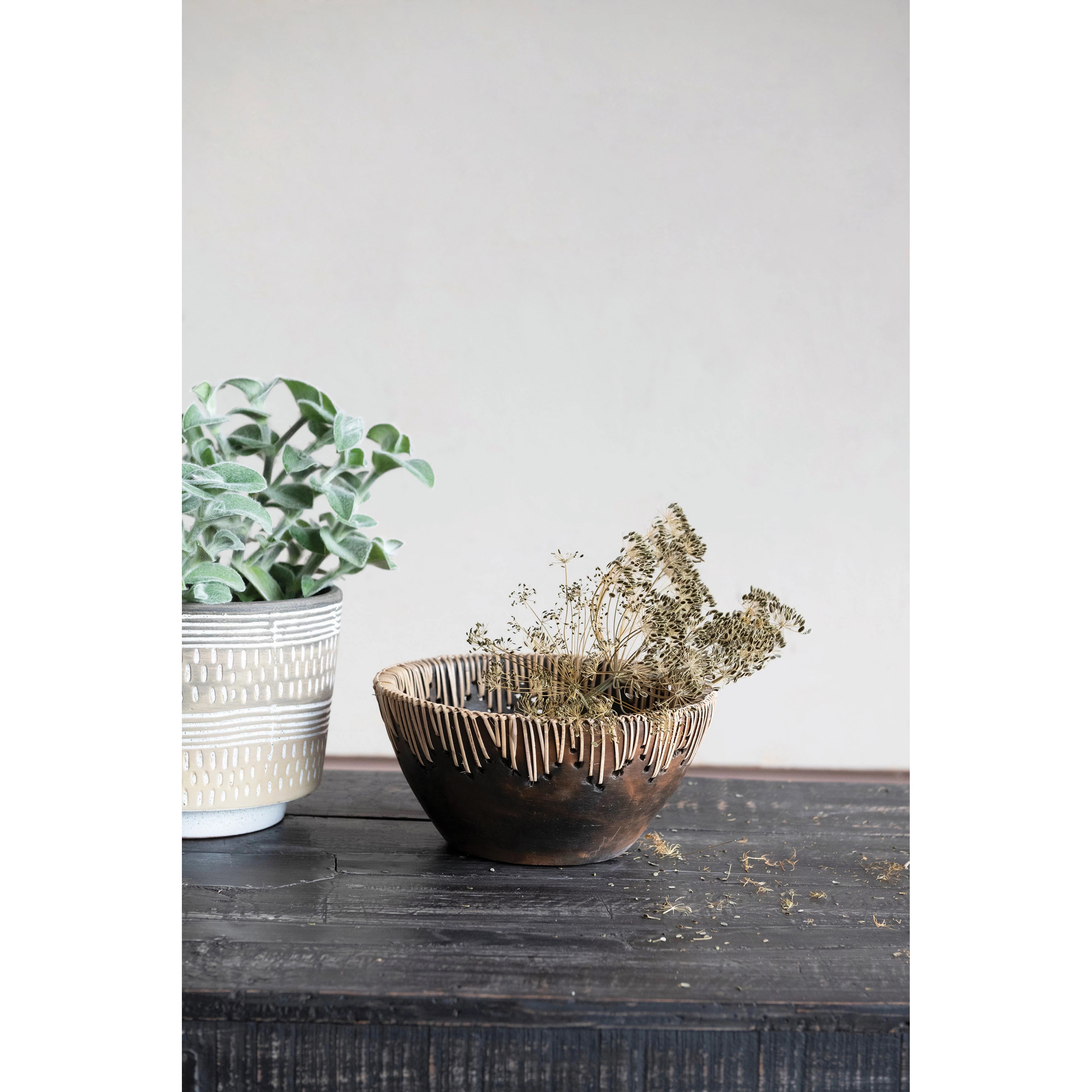 Decorative Terra-cotta Bowl with Rattan Stitching