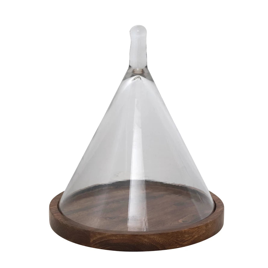 Glass Cone Shaped Cloche with Mango Wood Base S/2