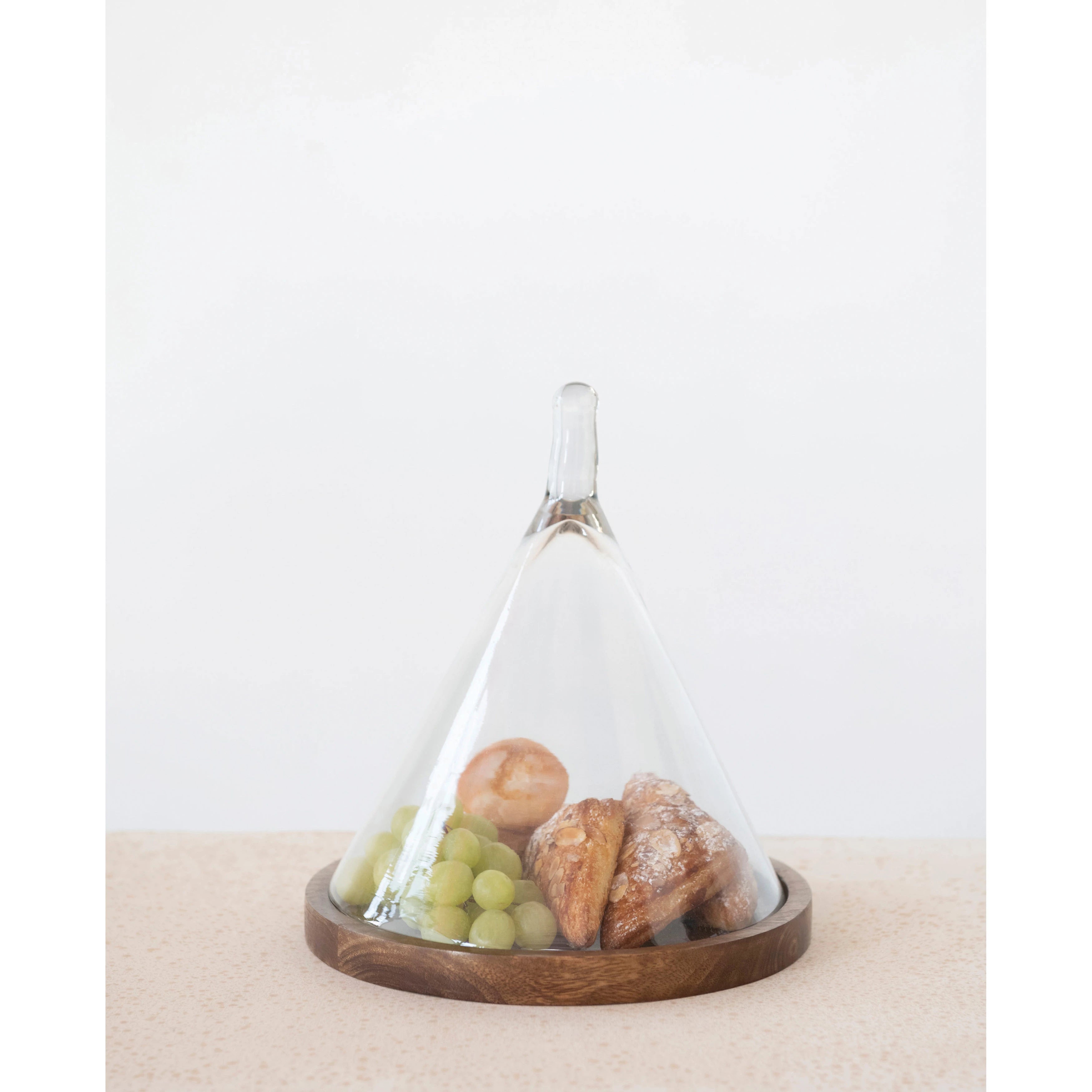 Glass Cone Shaped Cloche with Mango Wood Base S/2