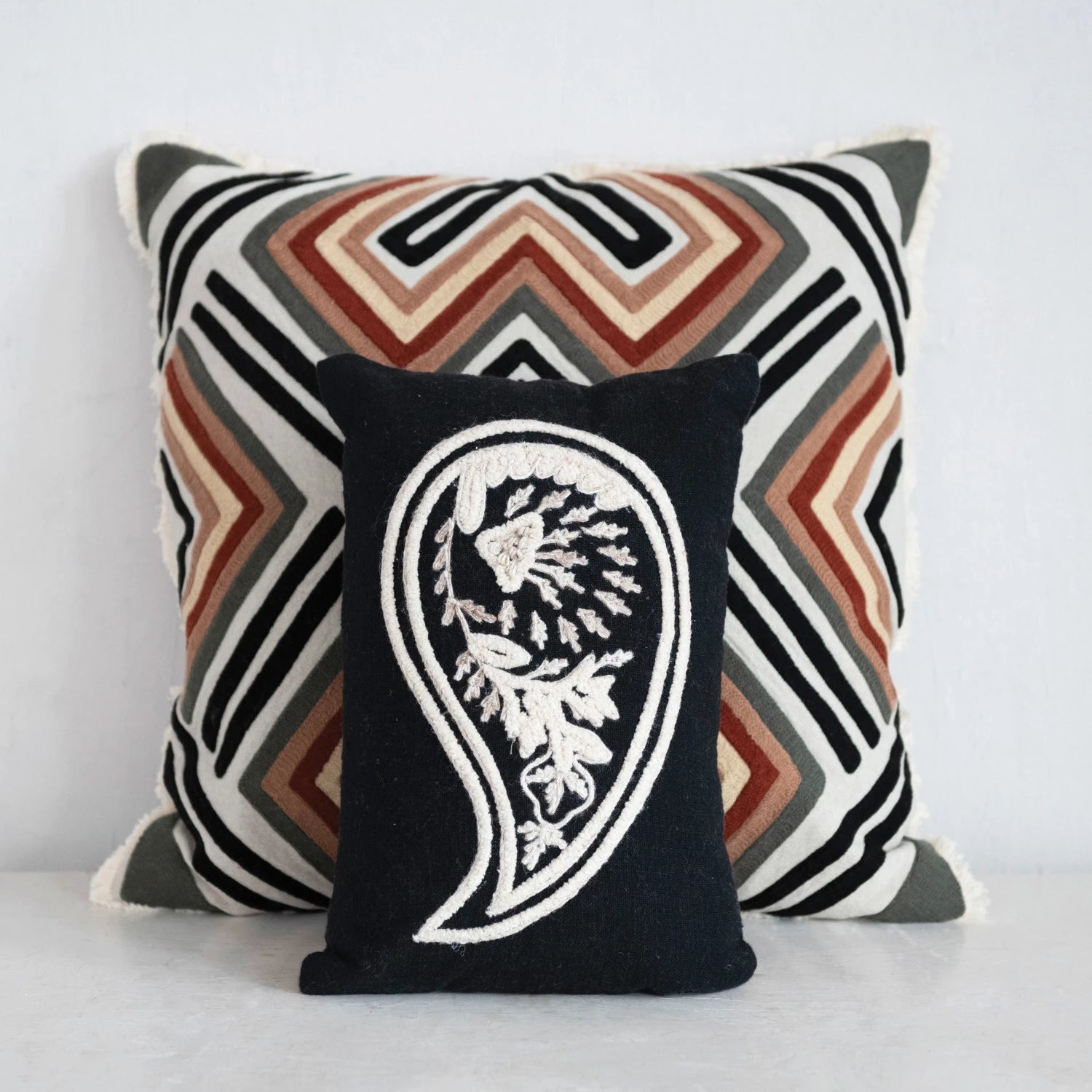 Cotton Embroidered Pillow w/ Pattern & Fringe