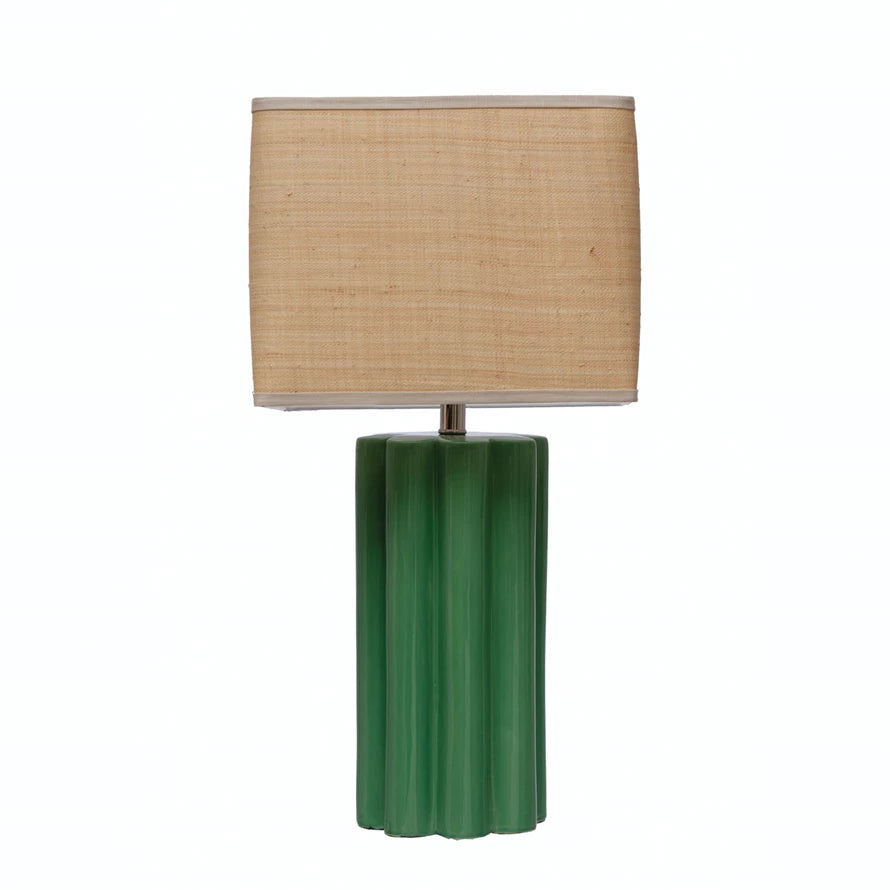 Green Fluted Table Lamp with Raffia Shade