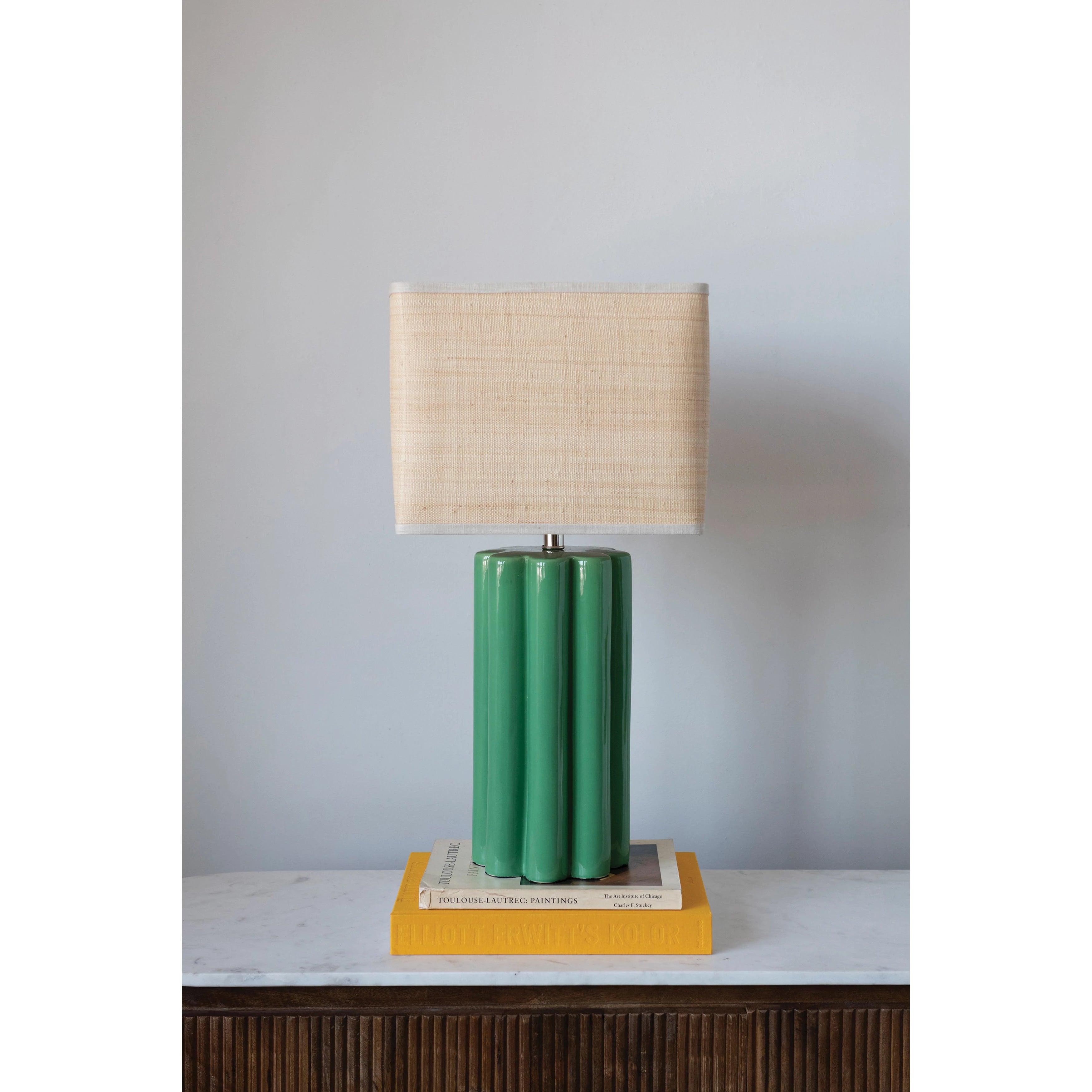 Green Fluted Table Lamp with Raffia Shade