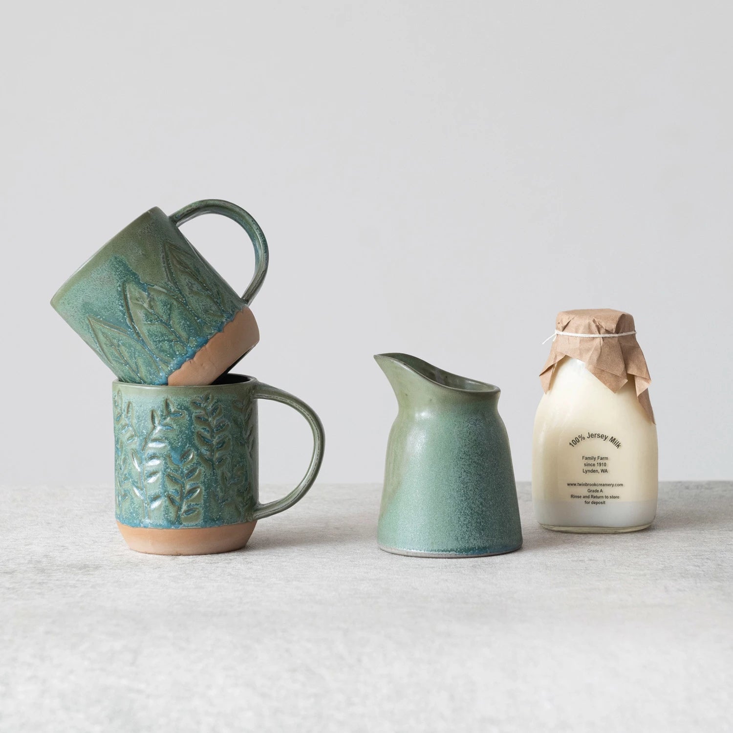 Matte Green Debossed Stoneware Mug