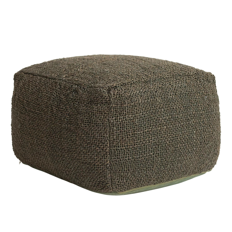 Olive Green Woven Jute & Cotton Pouf