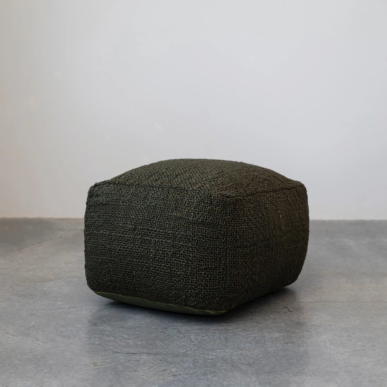 Olive Green Woven Jute & Cotton Pouf