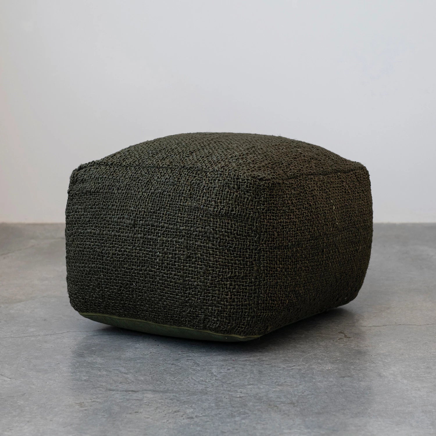 Olive Green Woven Jute & Cotton Pouf