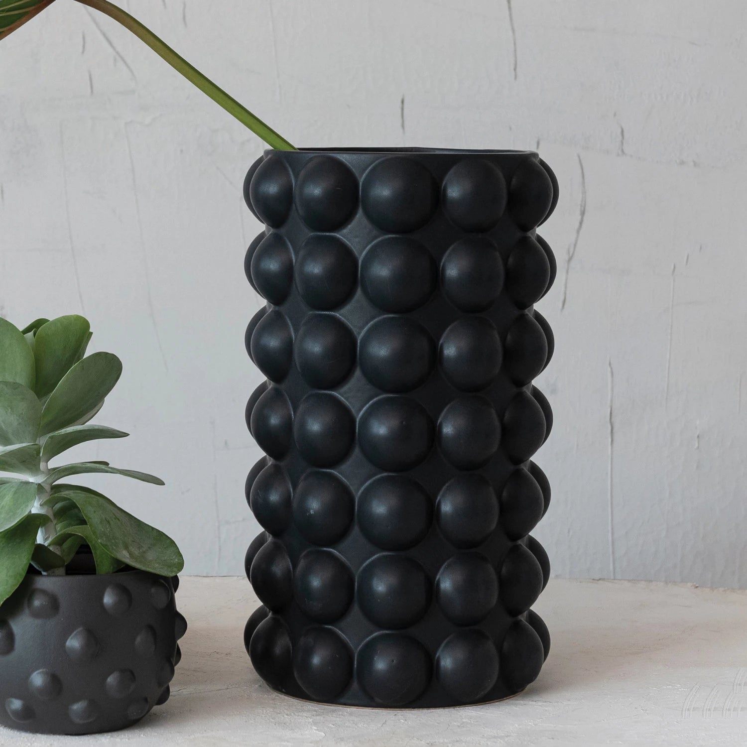 Matte Black Hobnail Stoneware Vase
