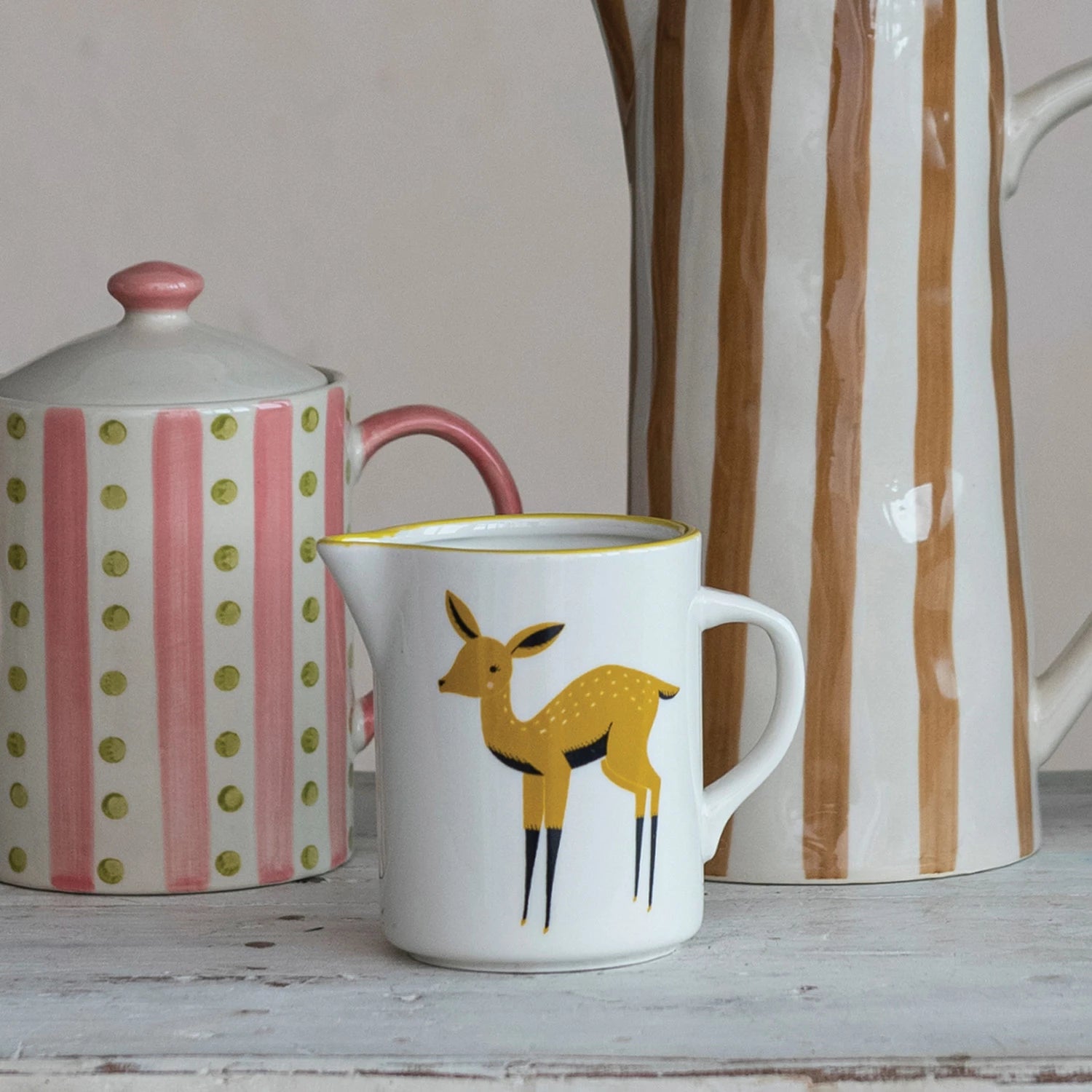 Deer & Yellow Rim Stoneware Creamer Mug