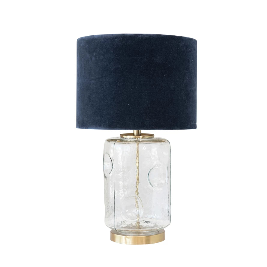 Glass Debossed Circles Lamp with Navy Velvet Shade*