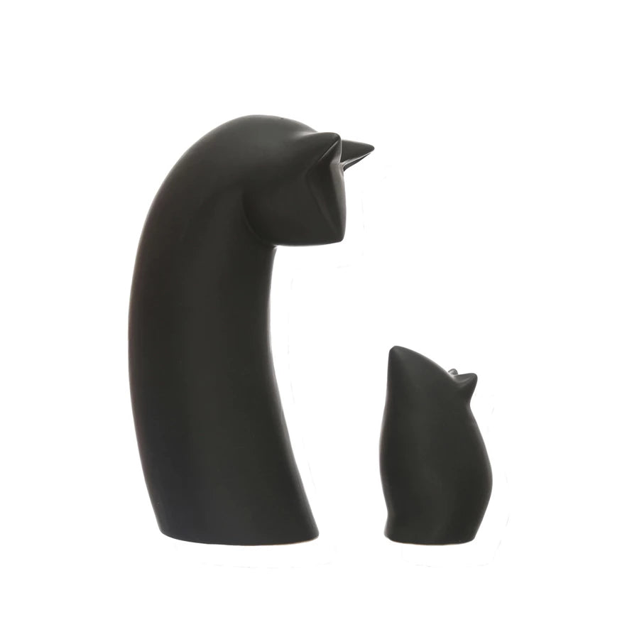 Matte Black Stoneware Cat & Mouse Statues S/2