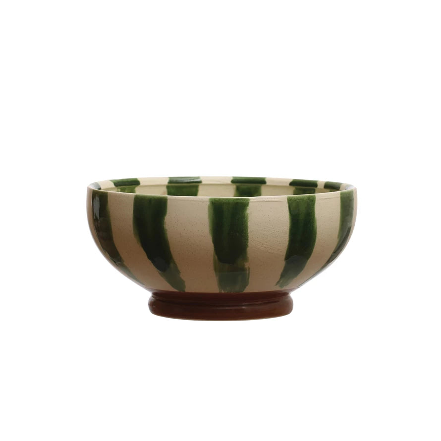 Green & Cream Striped Stoneware Footed Bowl