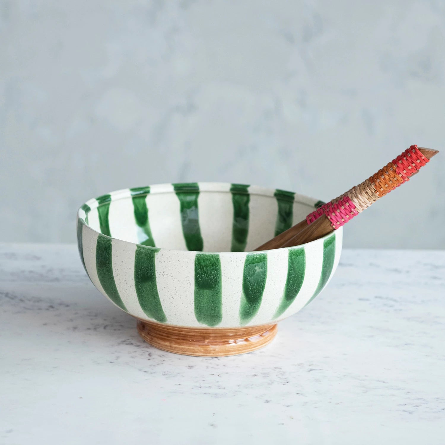 Green & Cream Striped Stoneware Footed Bowl