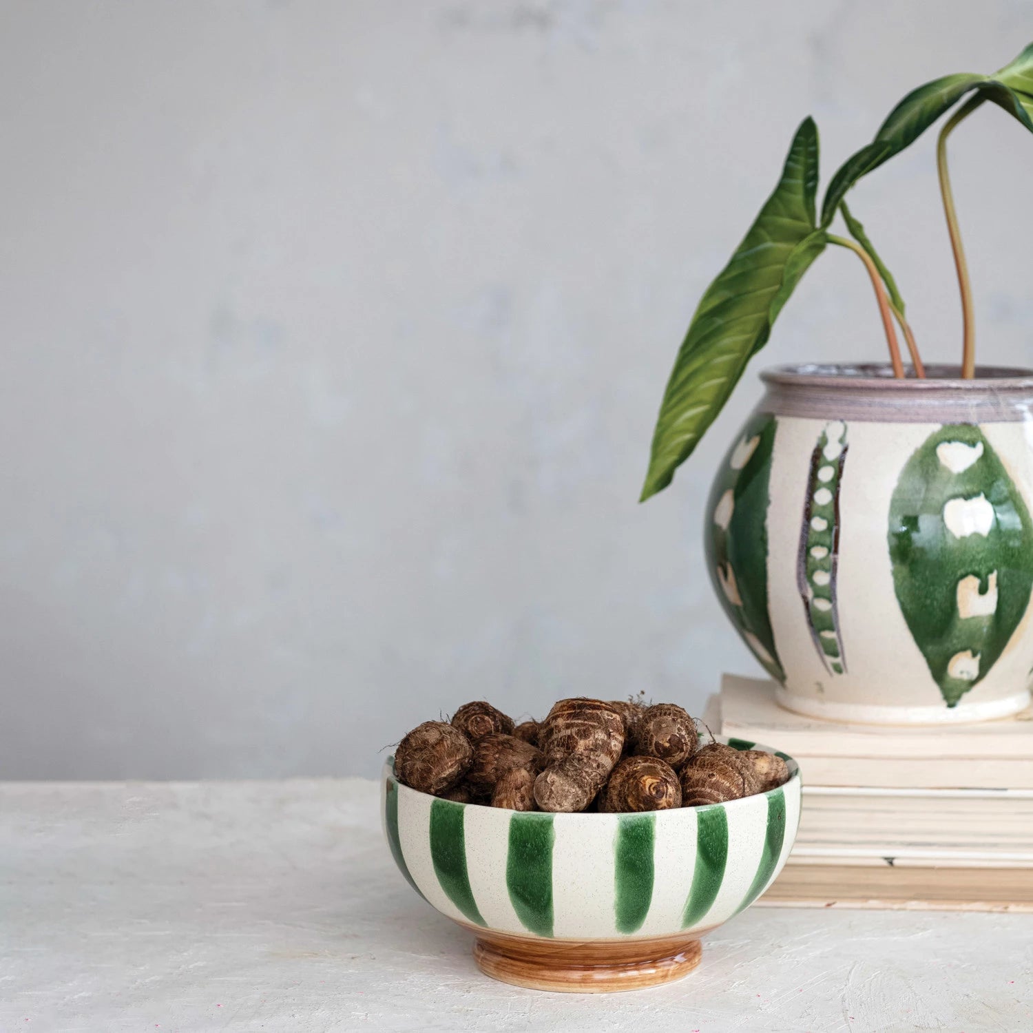 Green & Cream Striped Stoneware Footed Bowl