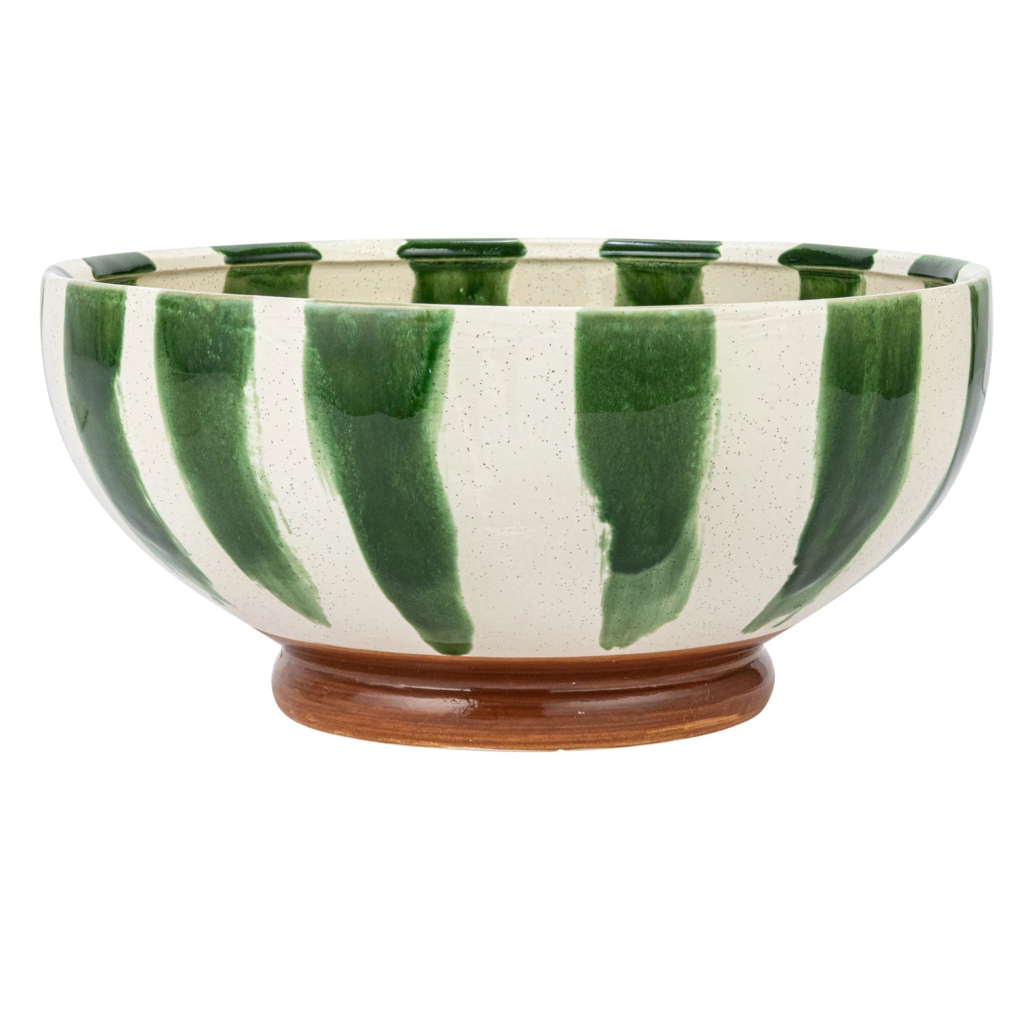 Green & Cream Striped Stoneware Footed Bowl