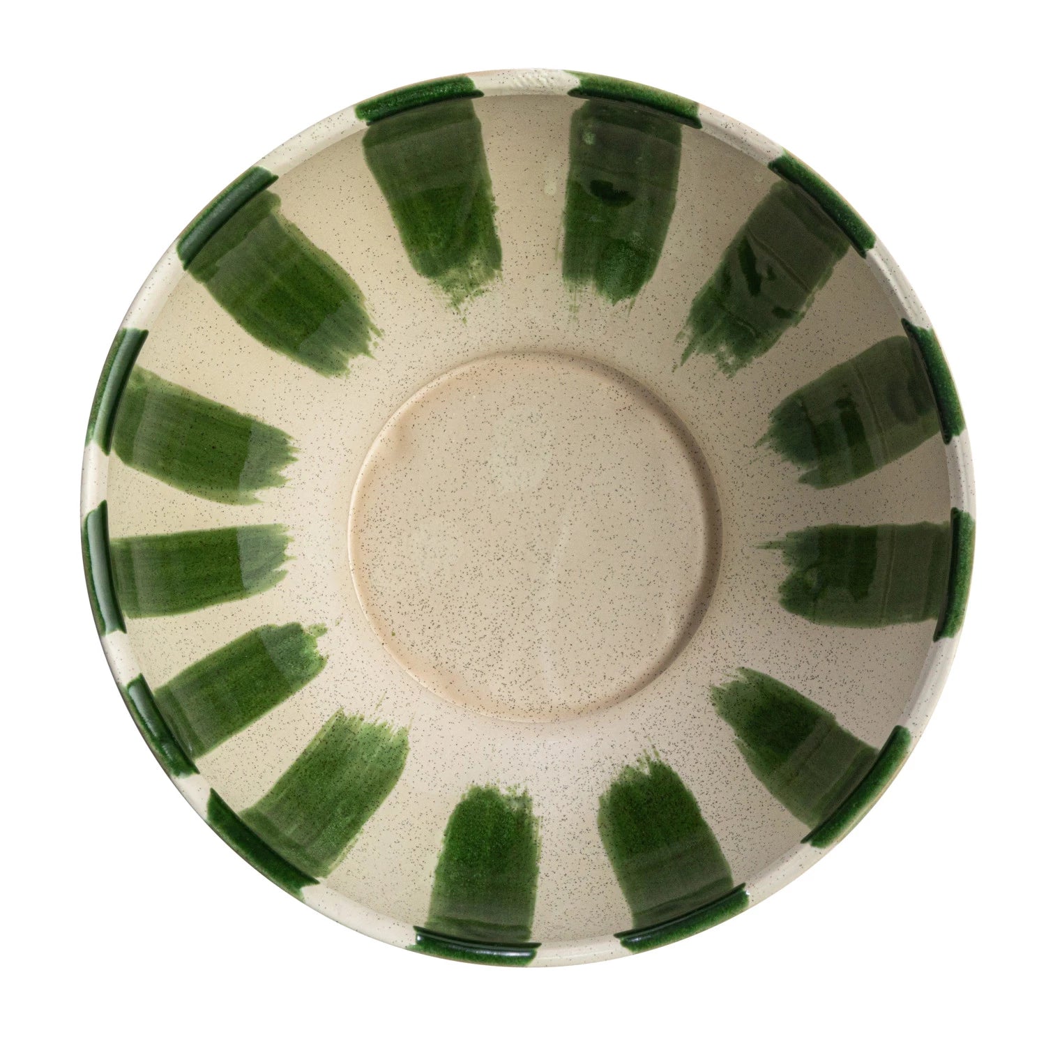 Green & Cream Striped Stoneware Footed Bowl