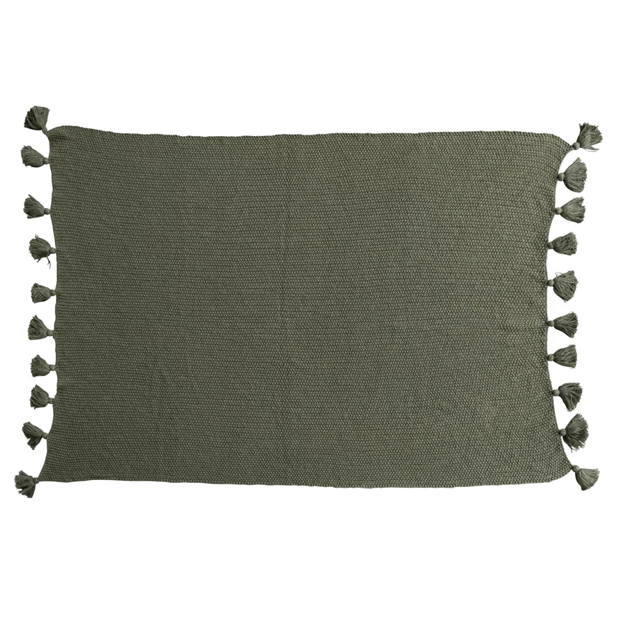Olive Green Cotton Knit Throw w/ Tassels