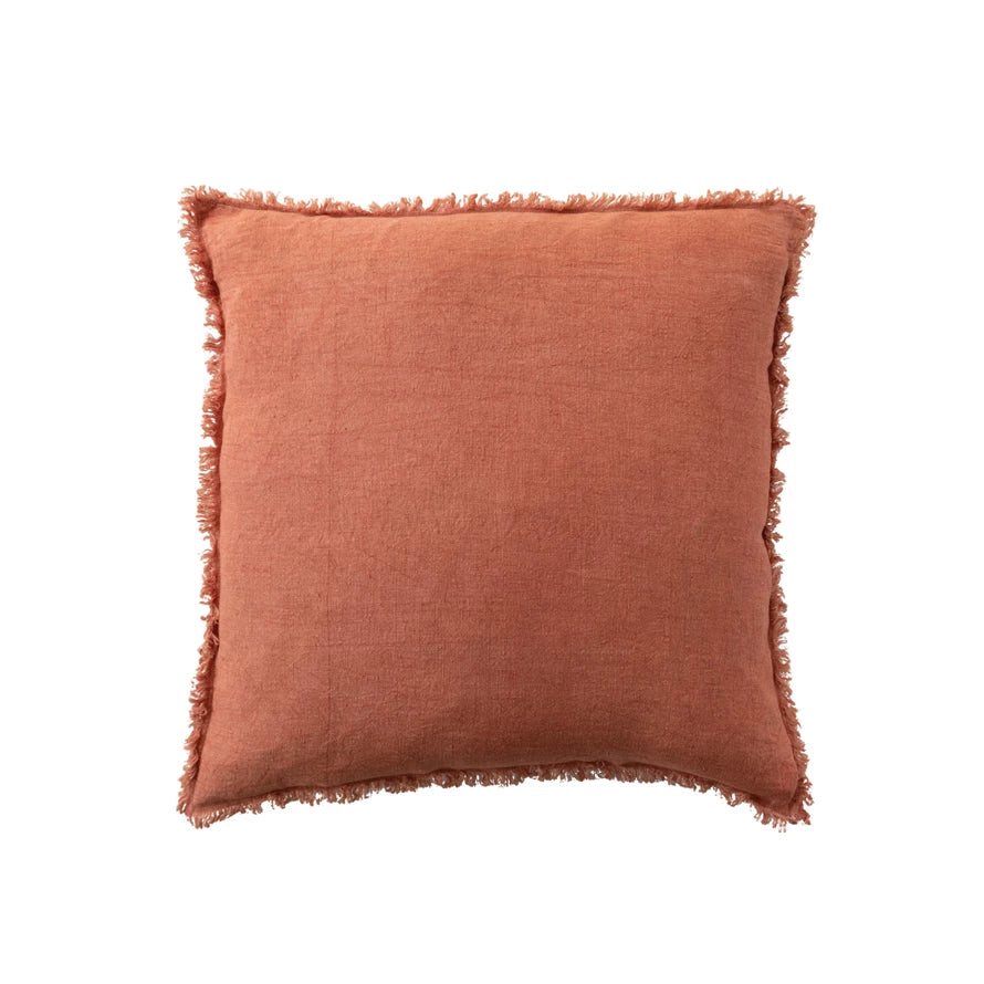Rust Square Stonewashed Linen Pillow w/ Fringe