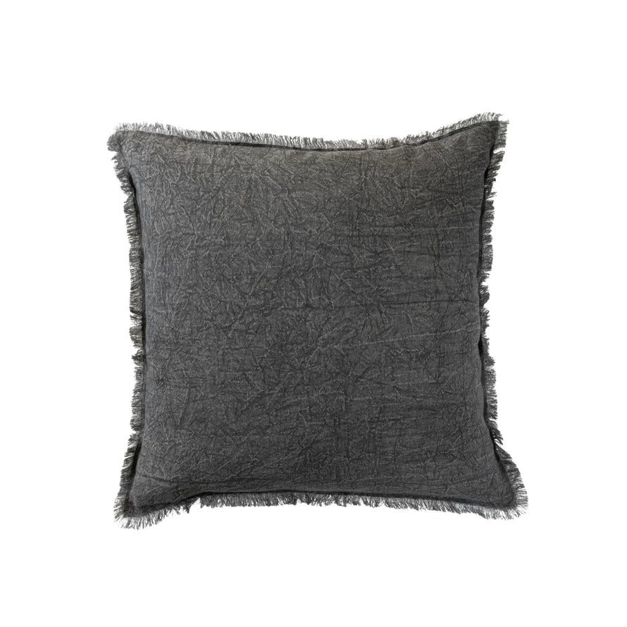 Charcoal Square Stonewashed Linen Pillow w/ Fringe