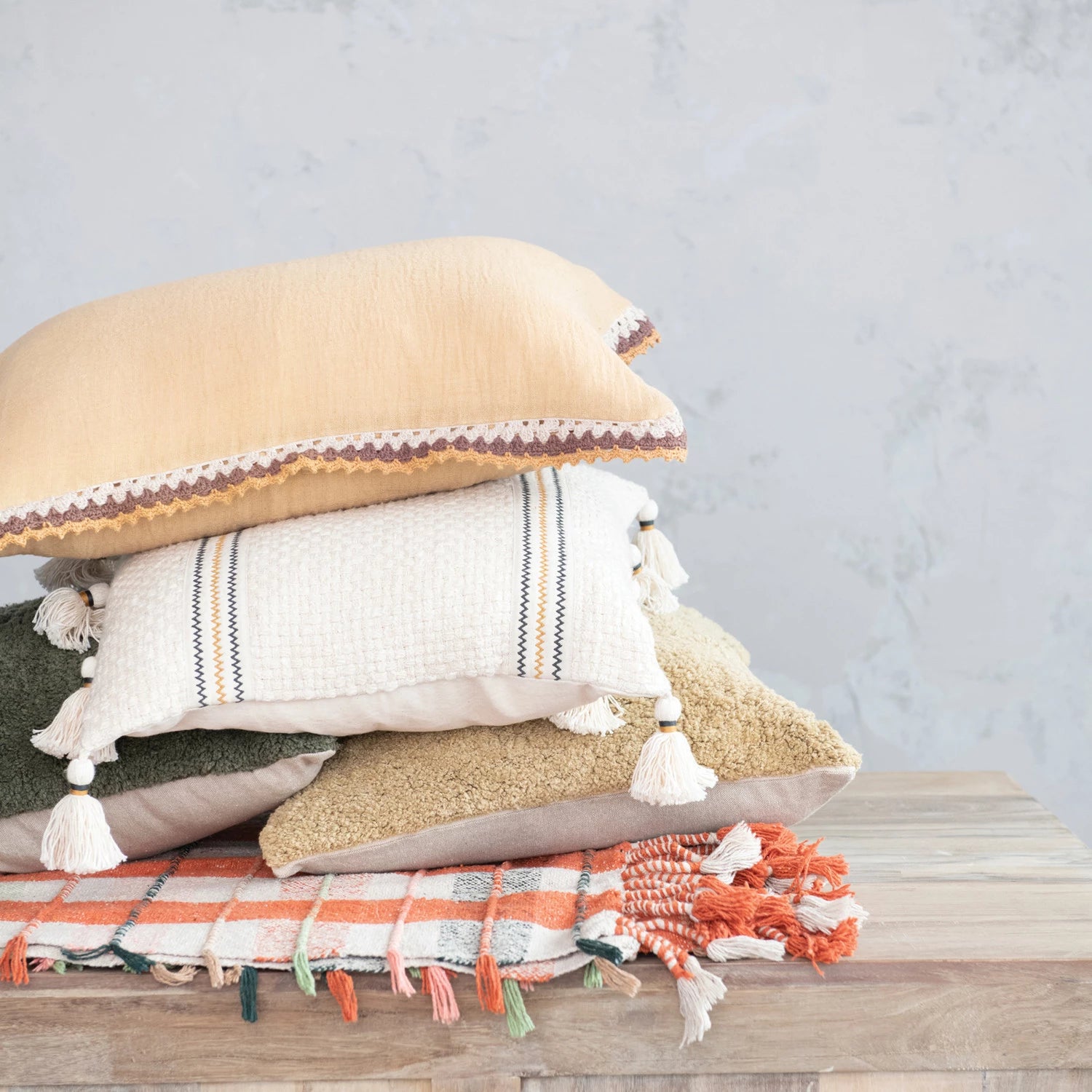 Forest Green & Natural Cotton Tufted Pillow w/ Chambray Back