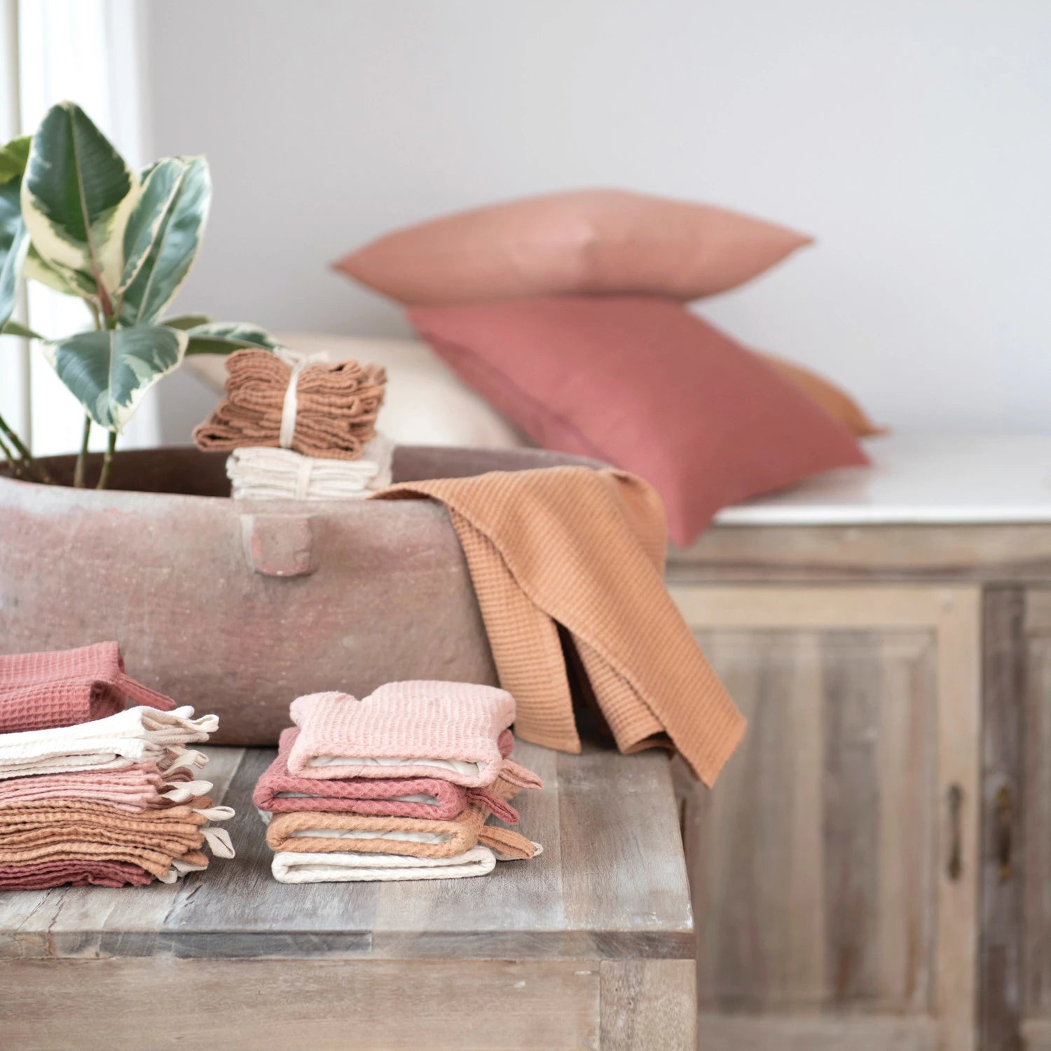 Terra-cotta Square Woven Linen & Cotton Waffle Pillow