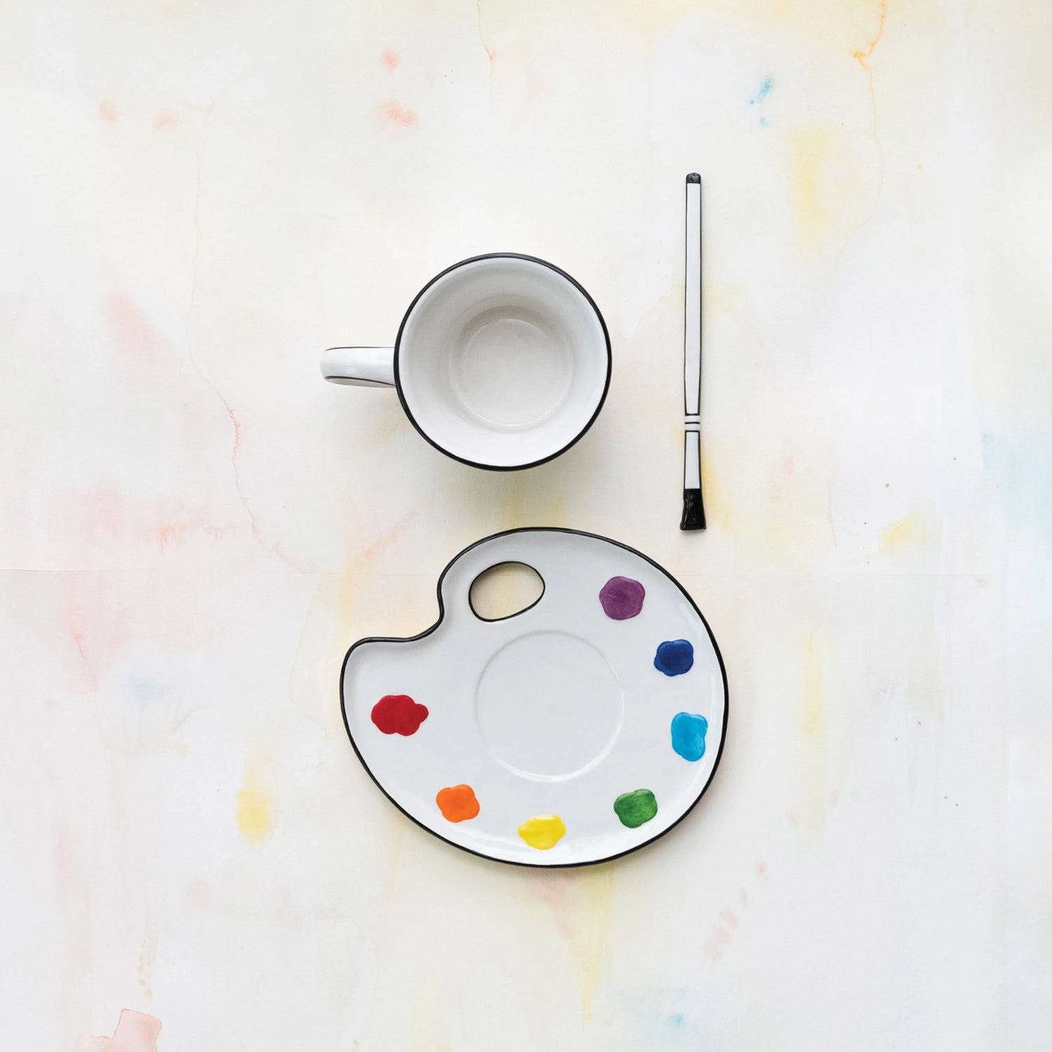 Ceramic Paint Palette Saucer w/ Teacup & Brush Shaped Stirrer