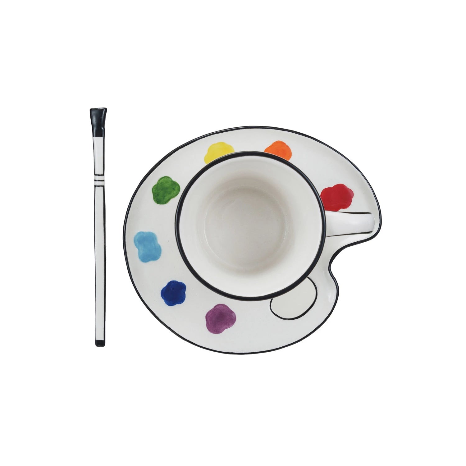 Ceramic Paint Palette Saucer w/ Teacup & Brush Shaped Stirrer