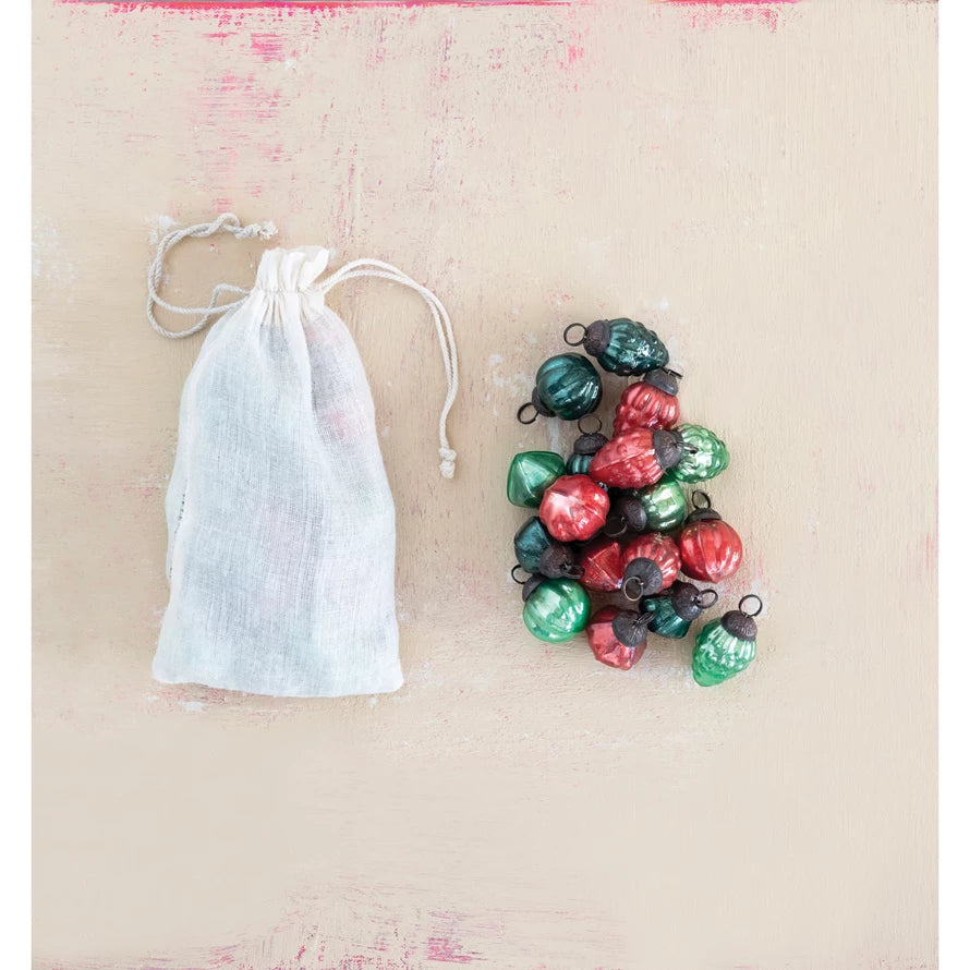 Red & Green Embossed Mercury Glass Ornaments in Muslin Bag