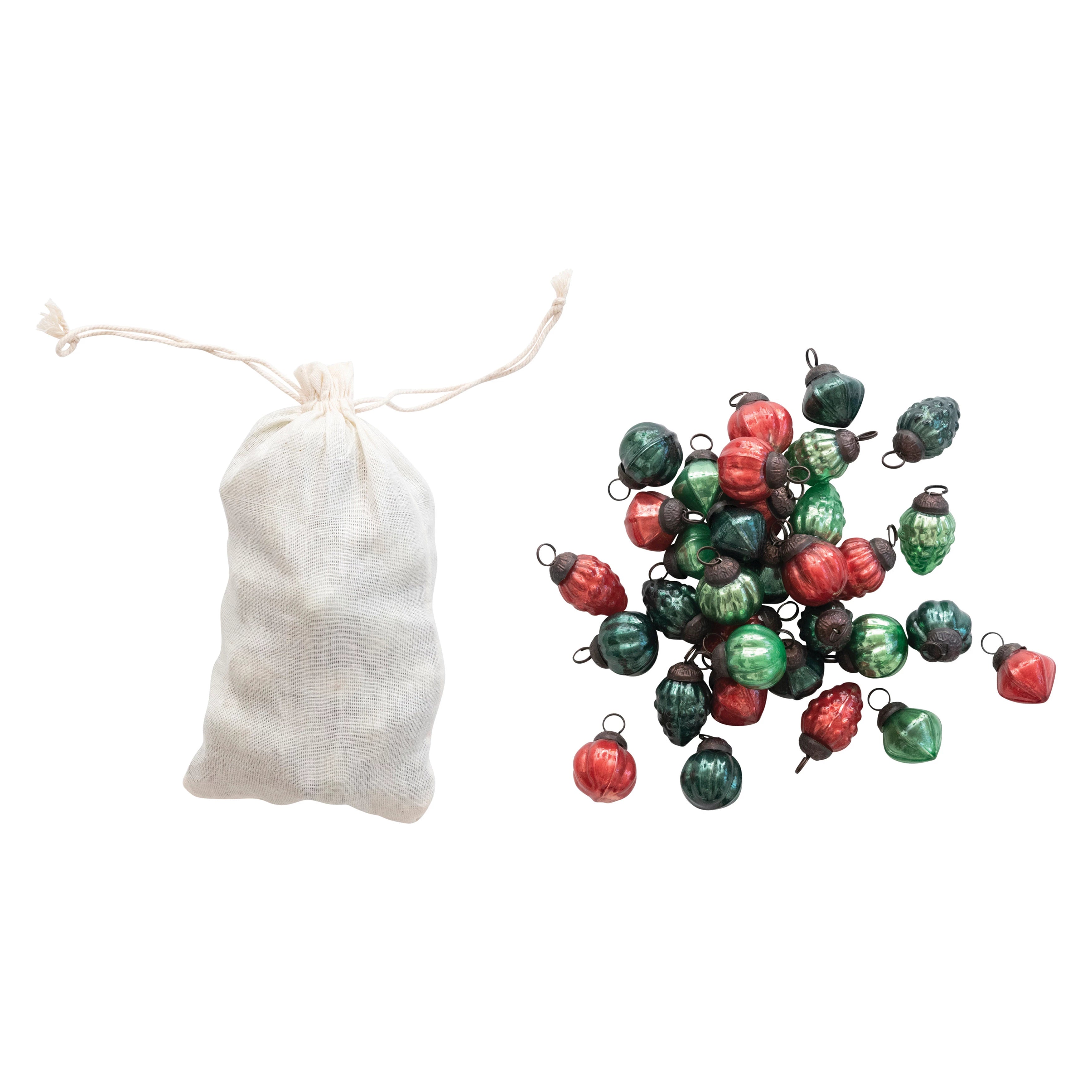 Red & Green Embossed Mercury Glass Ornaments in Muslin Bag