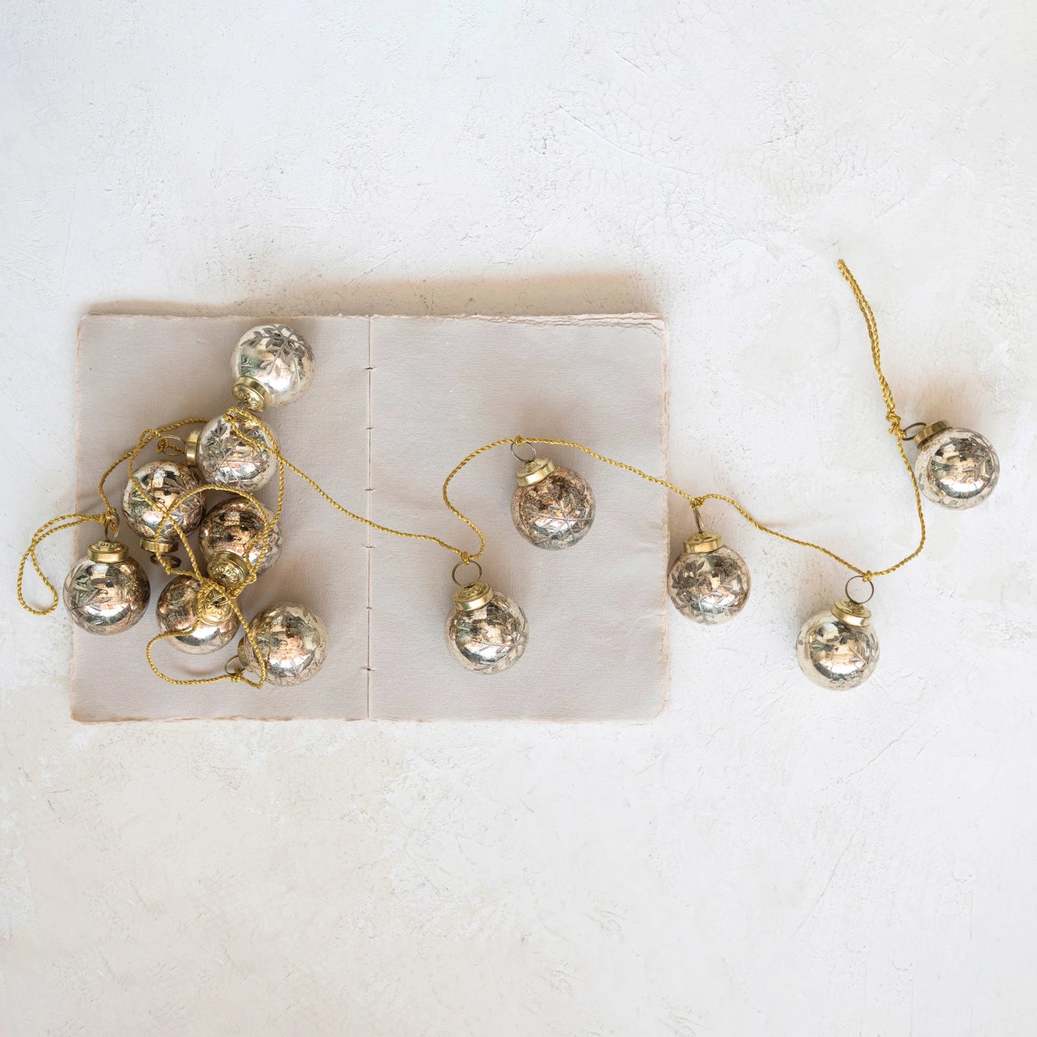 Etched Mercury Glass Ball Ornament Garland w/ Snowflakes, Antique Gold Finish