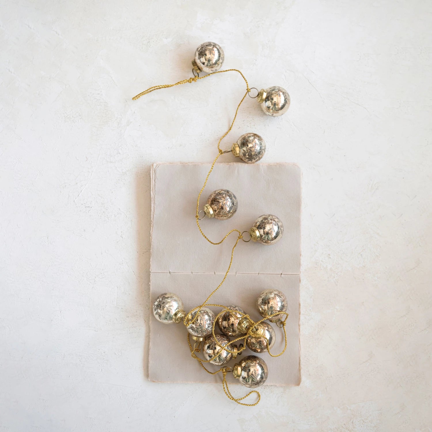 Etched Mercury Glass Ball Ornament Garland w/ Snowflakes, Antique Gold Finish