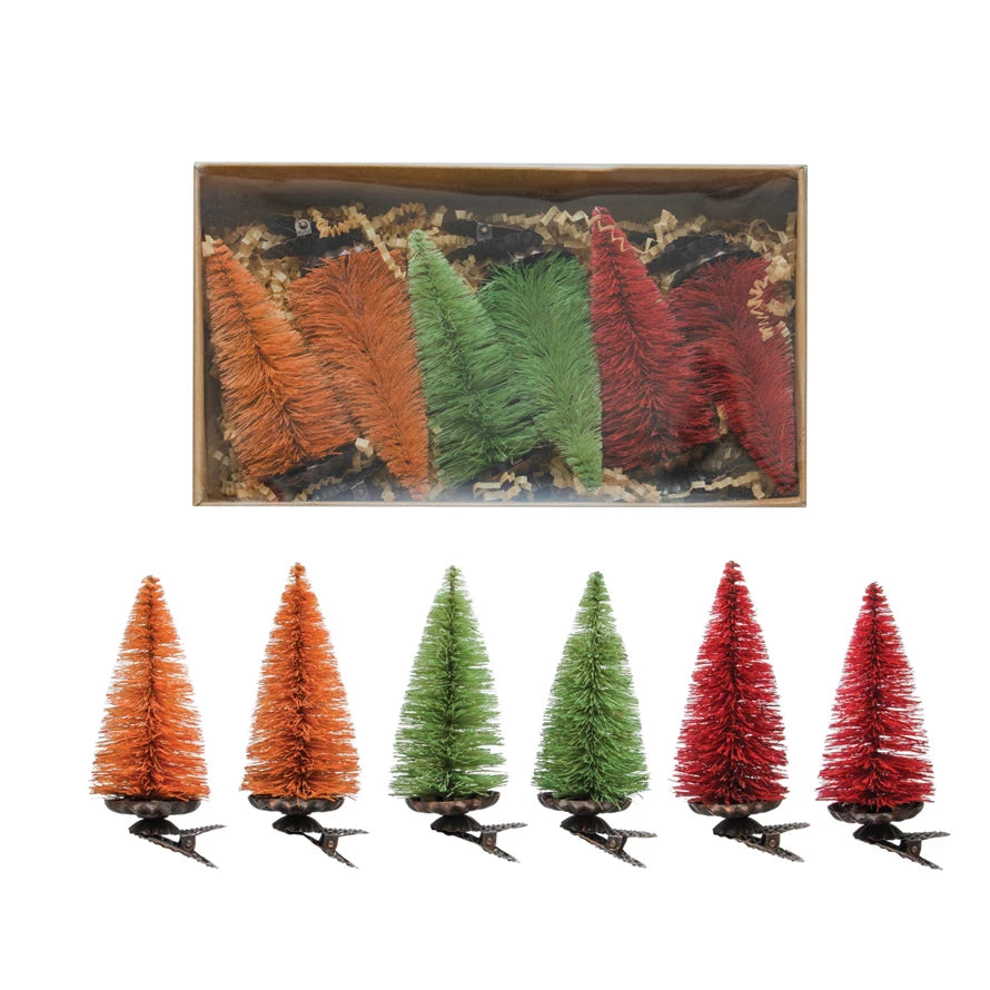 Sisal Bottle Brush Tree Clip-on Ornaments, Multi Color, Boxed Set of 6