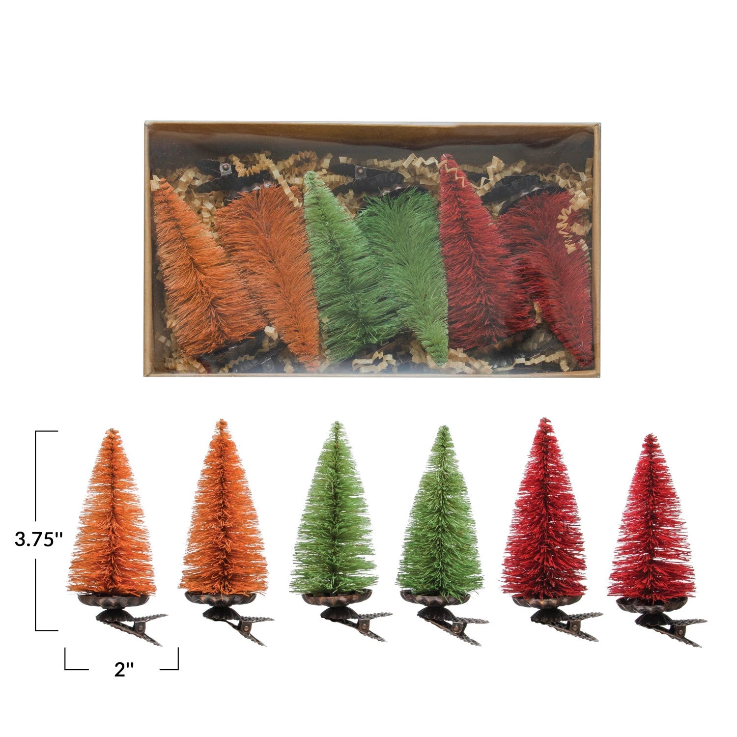 Sisal Bottle Brush Tree Clip-on Ornaments, Multi Color, Boxed Set of 6