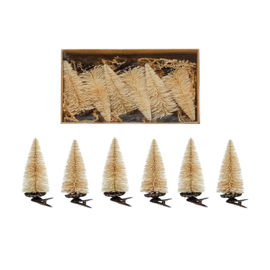 Sisal Bottle Brush Tree Clip-on Ornaments, Cream Color, Boxed Set of 6