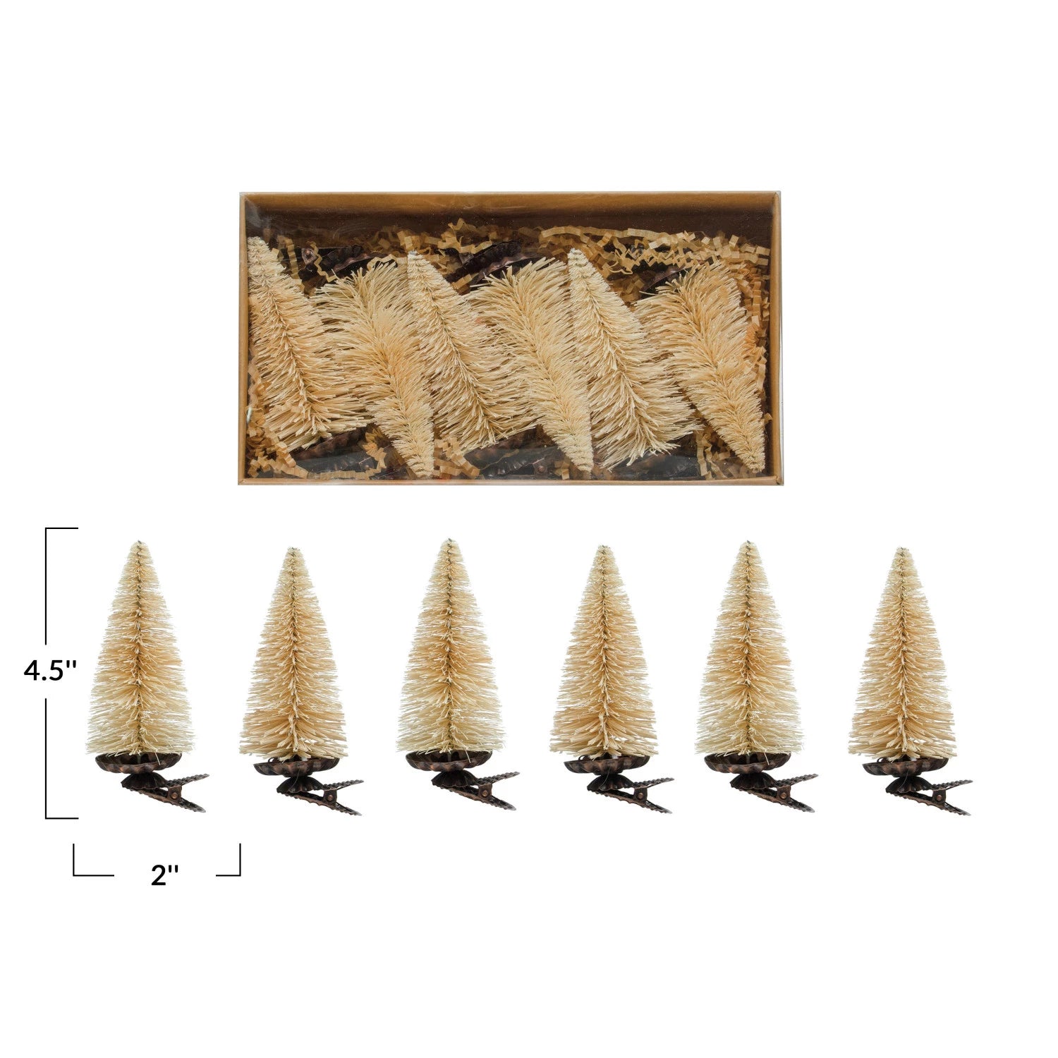 Sisal Bottle Brush Tree Clip-on Ornaments, Cream Color, Boxed Set of 6