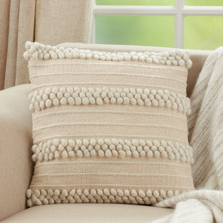 Pom Pom Striped Pillow- Ivory