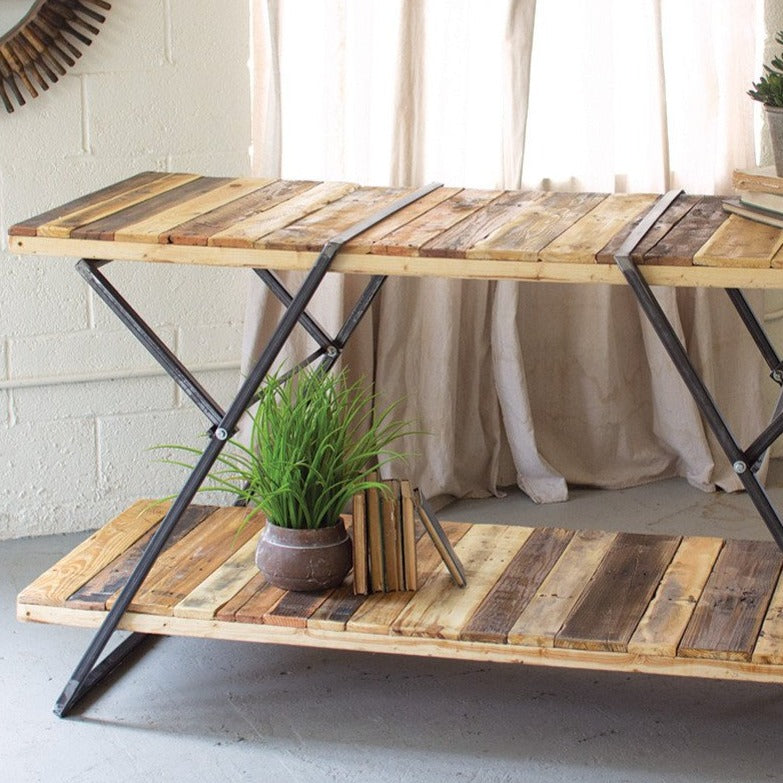 Reclaimed Wood Two-Tiered Display Table with Folding Iron Base