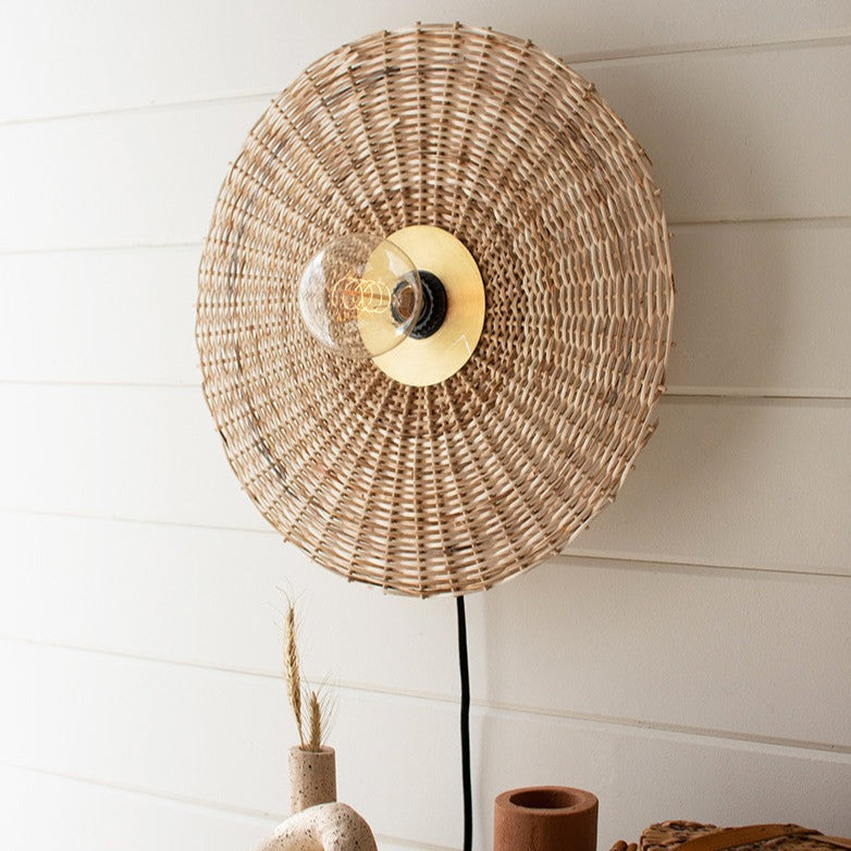 Rattan and Brass Wall Sconce