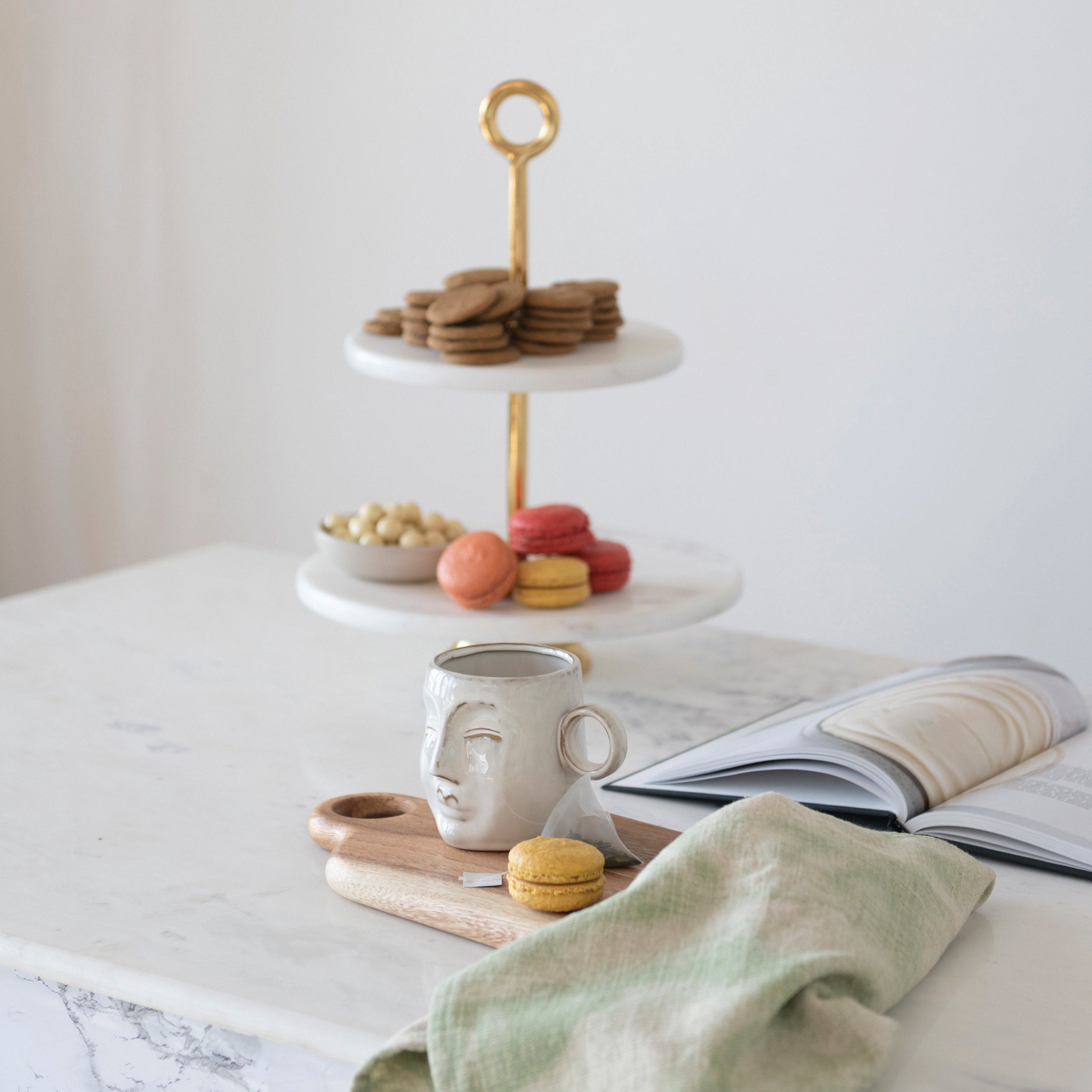 Marble and Metal 2-Tiered Serving Tray with Handle*