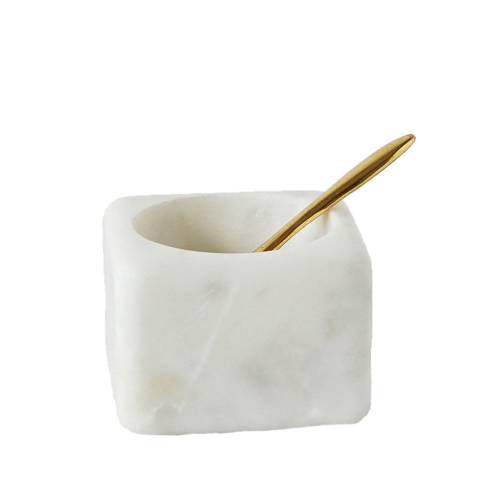 Square Marble Salt Bowl & Brass Spoon