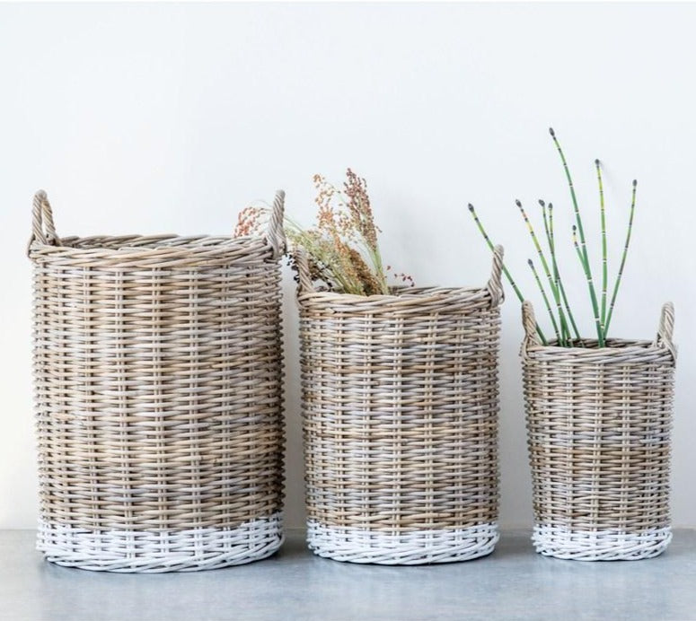 White Dipped Rattan Basket with Handles